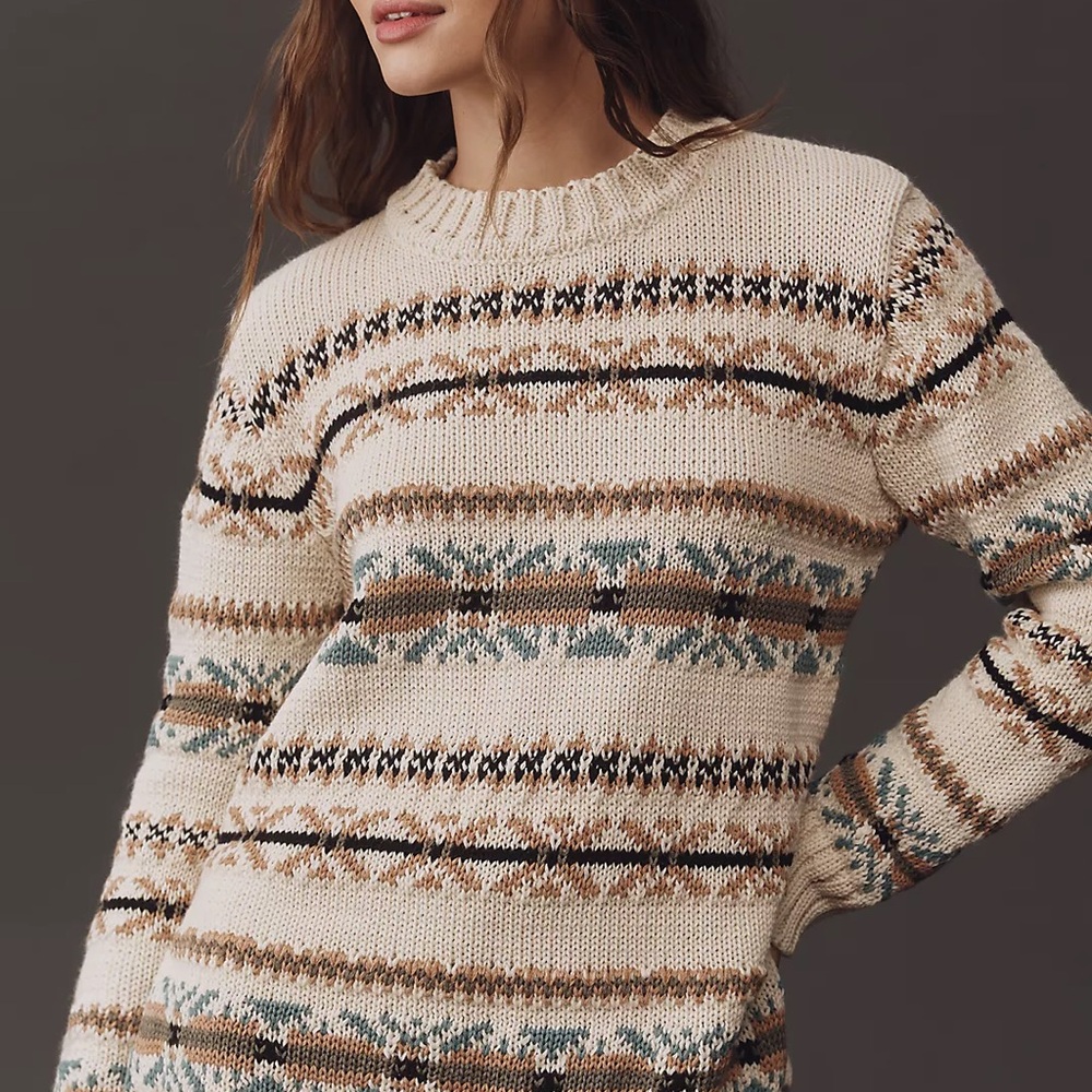 Anthropologie Mandinga Women's Cream and Brown Patterned Sweater